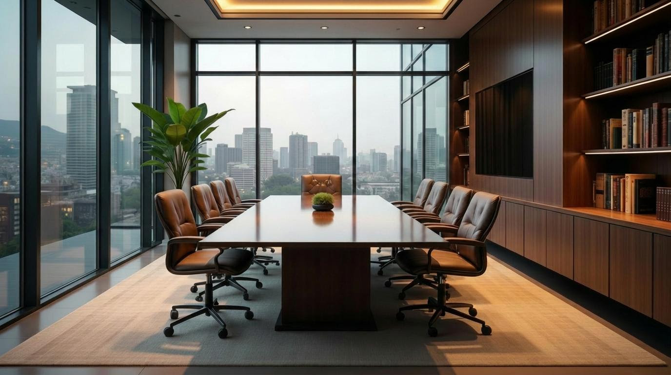 Contemporary boardroom overlooking a city